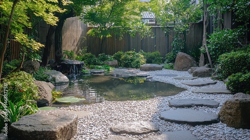 Zen Garden with Pond and Stone Path in Tranquil Green Setting with Wooden Fence