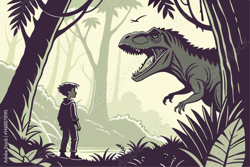 138 A young boy standing in a lush, prehistoric jungle, facing a massive, ferocious dinosaur with an open mouth, detailed jungle scenery, cinematic lighting, dramatic composition, digital art