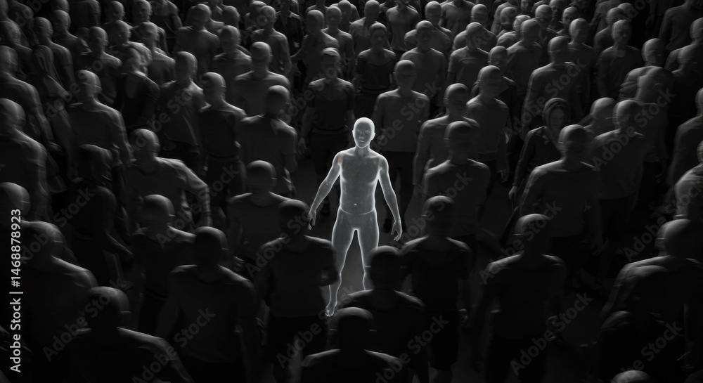 Fototapeta premium A faceless crowd rushing in all directions, while one figure stands frozen and transparent in the middle