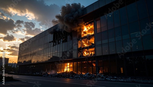 Crisis situation with glass commercial building exterior partially collapsed, with strong light and smoke coming from inside