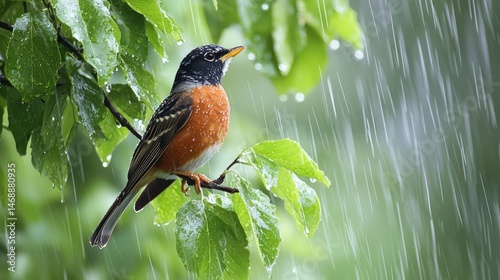 A robin perched amidst the green leaves of a tree, its feathers glistening with raindrops as it waits for the rain to pass.