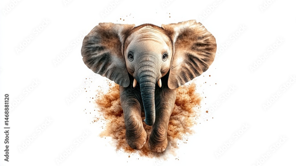 Obraz premium Close-up of a Young Elephant Calf Standing in Dusty Environment with Large Ears and Trunk Facing Forward, Highlighting Wildlife and Nature Photography