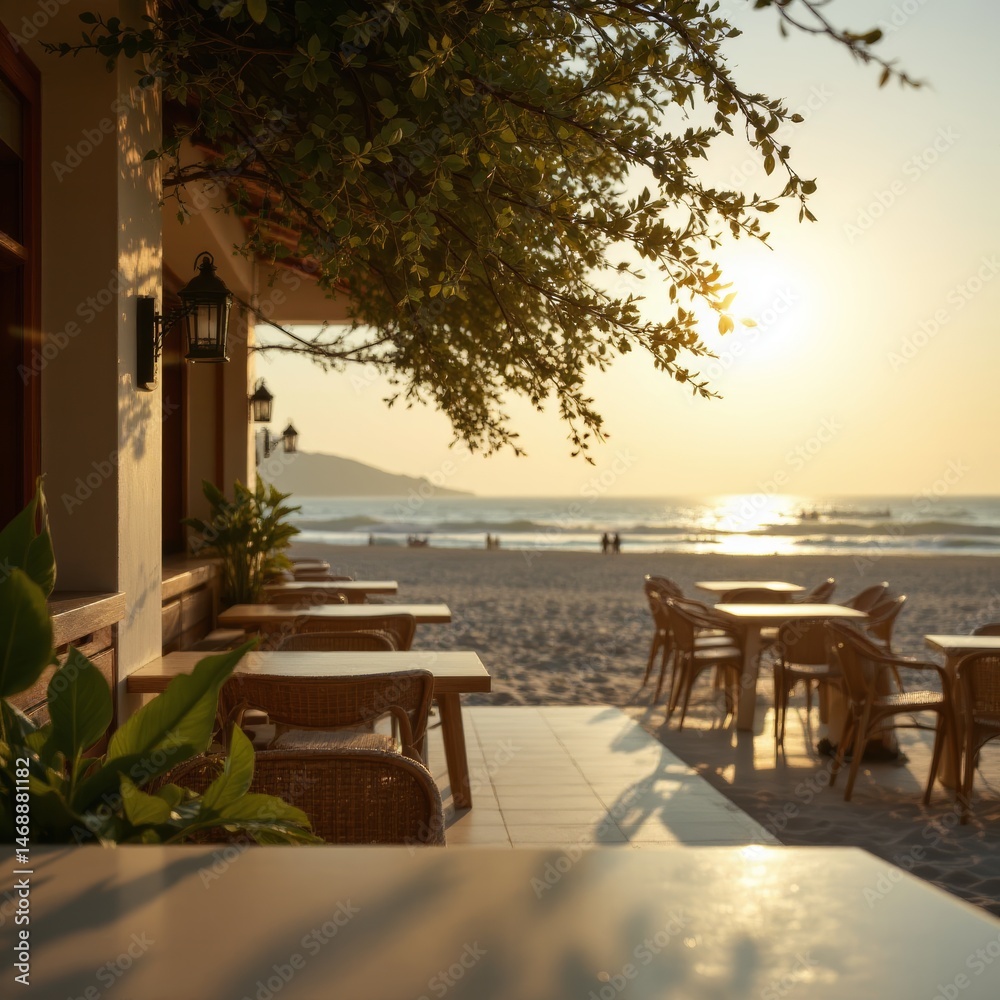 Naklejka premium Beachfront Restaurant at Sunset