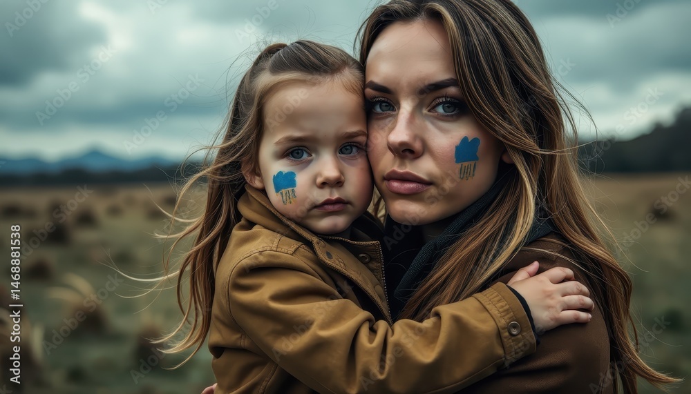 Fototapeta premium A beautiful Ukrainian woman and her daughter showcase solidarity on International Women's Day with painted faces in a serene rural setting