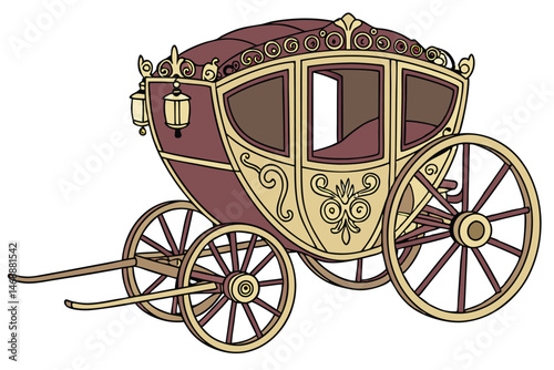 140 ornate, vintage carriage, elaborate patterns, gold trim, intricate carvings, burgundy velvet upholstery, wooden wheels, steam punk, fantastical, detailed, fantasy, digital art