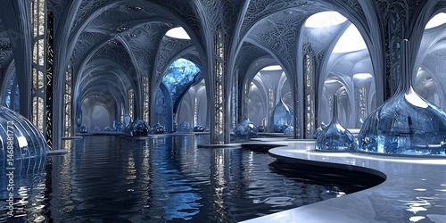 Spectacular Architectural Interior with a Water Feature and Unique Glass Elements