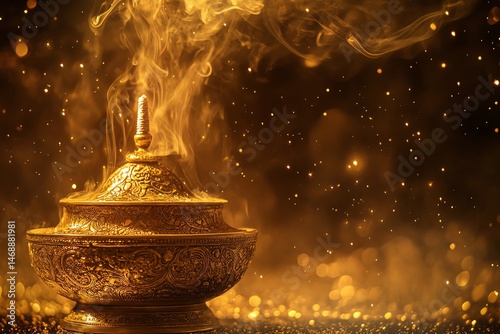 Golden incense burner emitting aromatic smoke.
