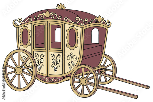 140 ornate, vintage carriage, elaborate patterns, gold trim, intricate carvings, burgundy velvet upholstery, wooden wheels, steam punk, fantastical, detailed, fantasy, digital art