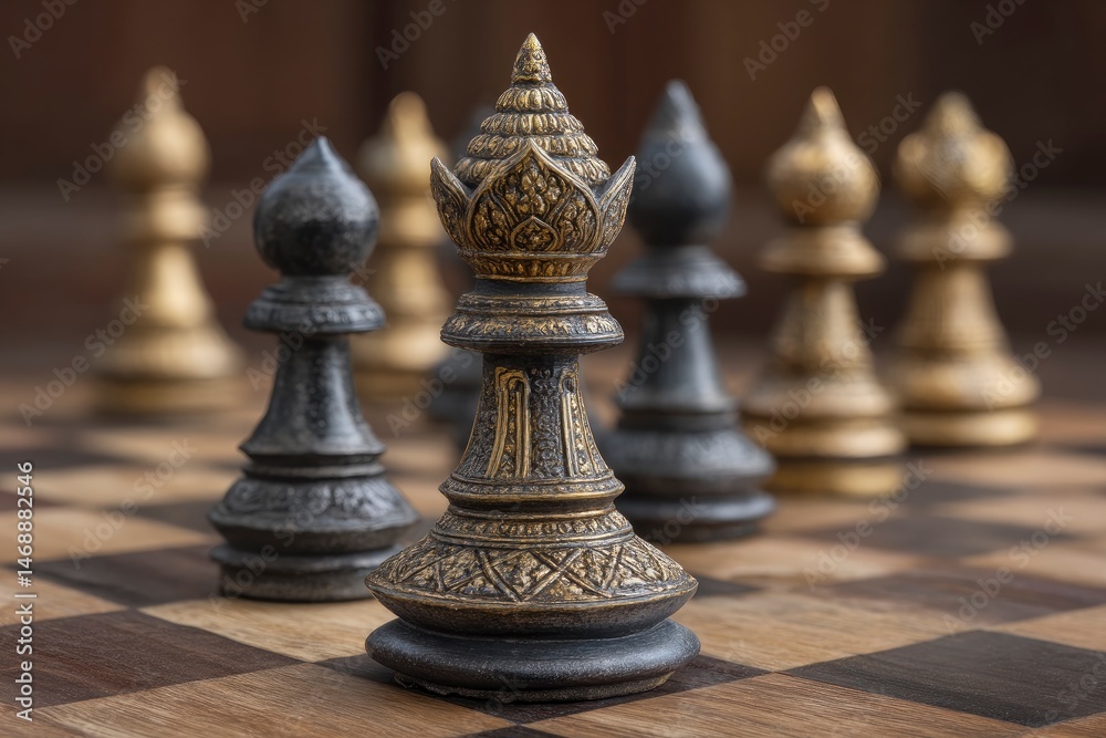 Fototapeta premium Ornate Chess Queen: Dark & Gold, Majestic Style