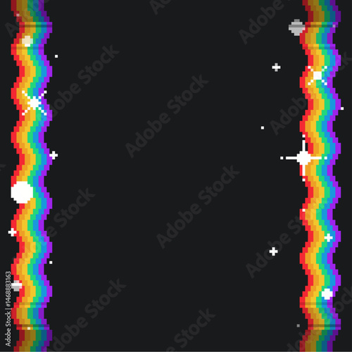 Pride Month Flat Wavy Line Frame with Glitter Effect on Black Background, Pixel Art Style Artwork