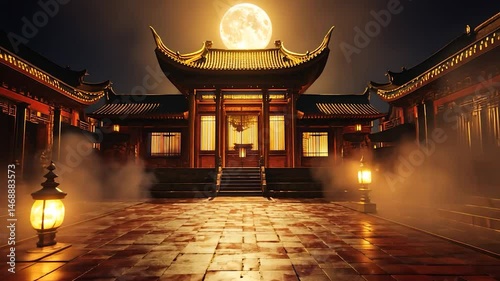 A serene Chinese palace at night, illuminated by a full moon