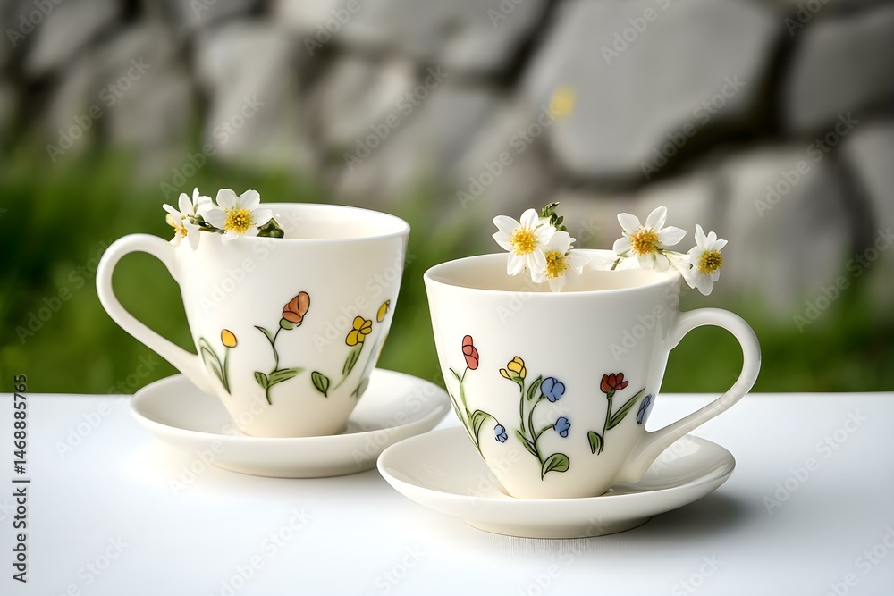 Fototapeta premium Elegant White Cups and Saucers Adorned with Delicate Spring Flowers