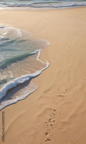 Soft blue waves caress the smooth golden sand, idyllic coastal view , beautiful, texture