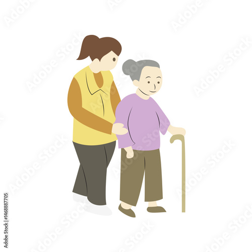 Elderly Caregiver Assisting Walking Cane