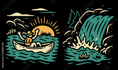 Hand Doodle of Person in Kayak with Waterfall and Sun Background