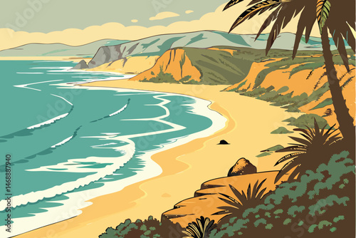141 pristine tropical beach, turquoise waves crashing against golden sand, rugged desert landscape, dramatic cliffs, picturesque coastal scenery, tranquil nature, remote and untouched environment, bre