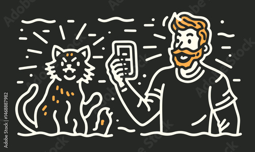 Hand-drawn Doodle of Man with Beard Taking Photo with Cat