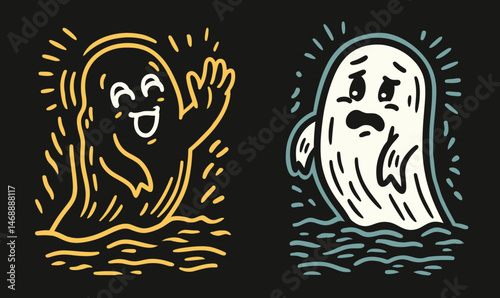 Joyful and Sad Ghost Doodles for Creative Designs and Projects
