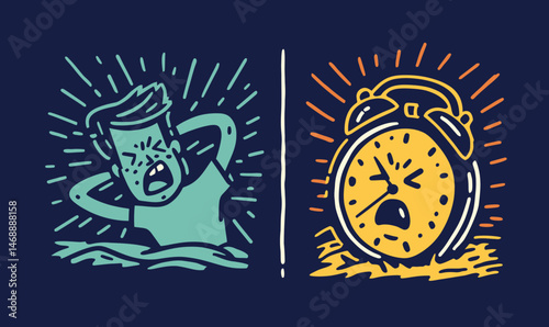 Frustrated Person and Alarm Clock Doodle Illustration on Dark Background