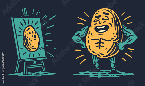 Humorous Potato Character Beside Doodle Art on Canvas Drawing