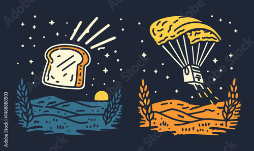 Creative Hand-Drawn Doodle of Bread in Starry Sky with Landscape