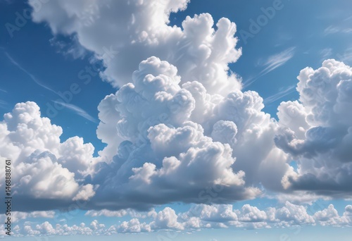 Vast, clear blue sky dotted with fluffy white cumulus clouds ,  color,  weather