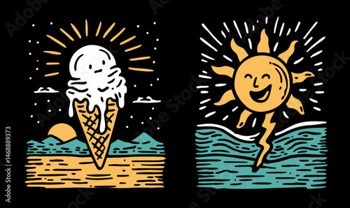 Hand-Drawn Doodle of Ice Cream and Sun with Ocean Background
