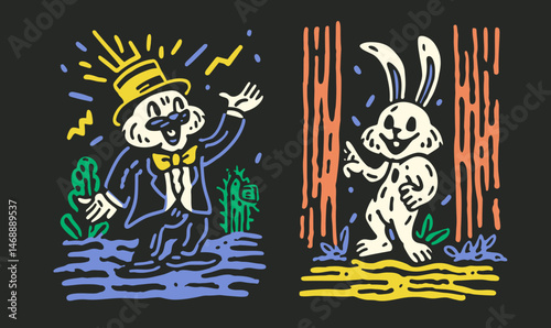 Colorful Doodle of a Rabbit and a Character in a Black Background