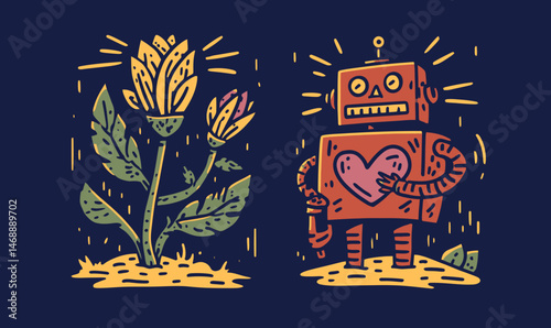 Colorful Hand Drawing of Robot and Flower Doodle Art Design
