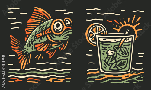 Colorful Doodle of Fish and Refreshing Drink in Hand-Drawn Style