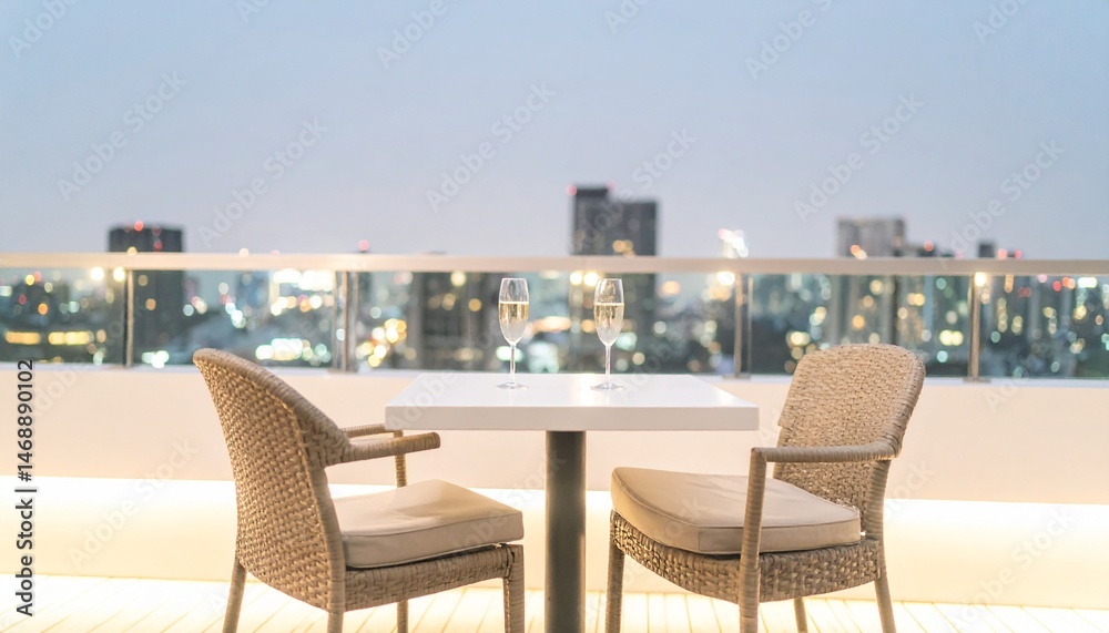 Fototapeta premium A rooftop terrace illuminated by galaxy lights, a table with champagne glasses on it with the city lights in the background