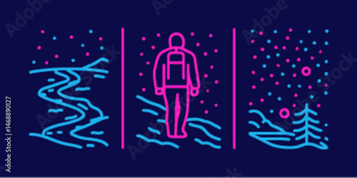 Monoline Flat Design Icons of Nature and Hiking Adventure Scenes