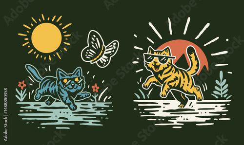 Hand Drawn Doodle of Cool Cats in Sunglasses with Nature Elements