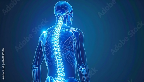 Human Anatomy Spine Back View Medical Illustration Blue Background Detailed Skeletal Structure