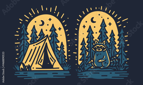 Hand-drawn Doodle of a Tent and Raccoon in a Forest Setting