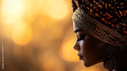 Serene African Woman in Golden Headwrap Profile Portrait