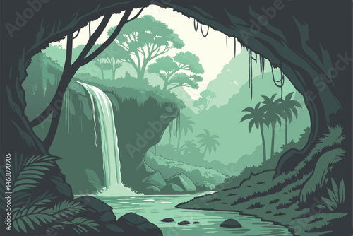 142 cave waterfall landscape, lush tropical forest, verdant greenery, emerald pond, light through cave entrance, natural scenery, atmospheric lighting, photorealistic, detailed, cinematic