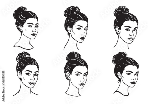 Beauty Woman in messy bun Silhouette Vector Set