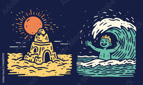 Playful Summer Scene with Sandcastle and Boy in Ocean Waves