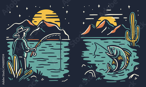 Vintage Hand Drawing of Fisherman at Sunset with Fish and Mountains