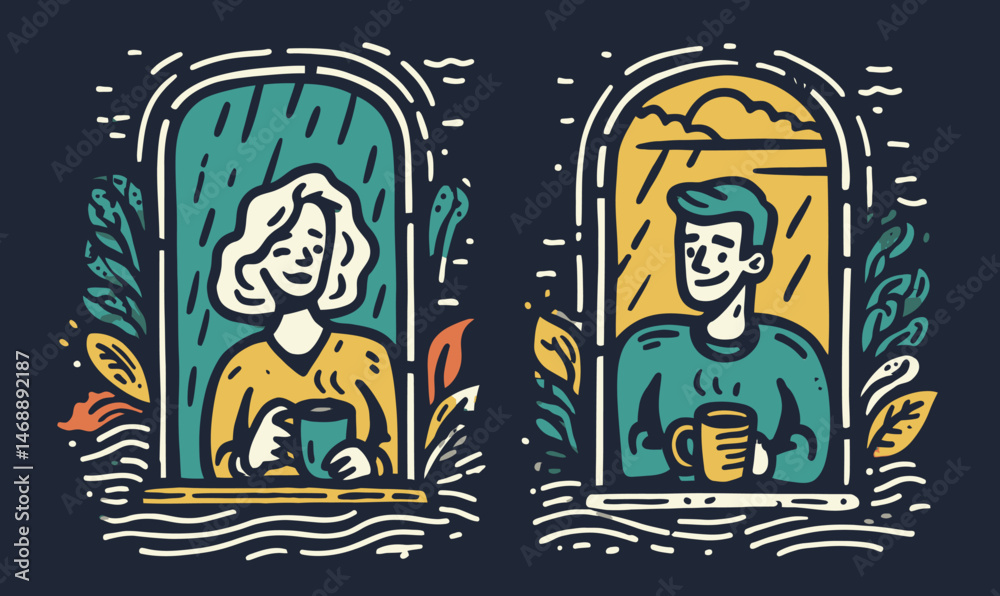 Obraz premium Hand-Drawn Doodle of People in Windows Enjoying Cups of Coffee