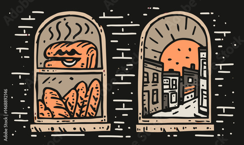 Charming Doodle of Bakery Window with Sunset and Street Scene