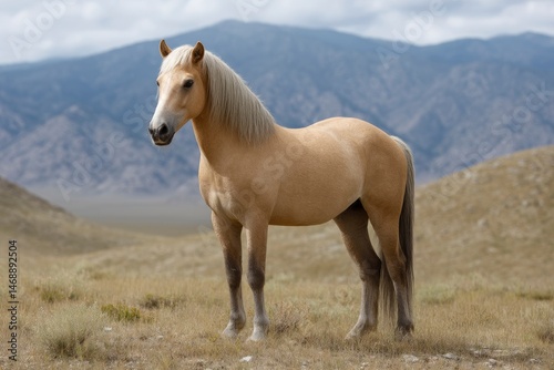 Palomino Mustang: Serene Beauty in Mountain Landscape
