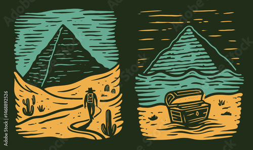 Hand-Drawing Doodle of Adventurer Near Pyramid and Treasure Chest