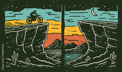 Hand-drawn Doodle of a Motorcycle Rider at Sunset over Canyons