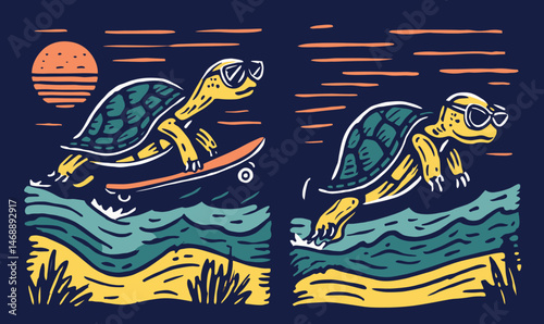 Playful Turtle Skateboarding and Walking on Waves Graphic Art
