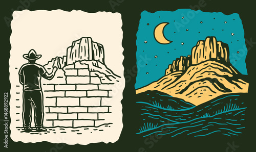 Creative Illustration of a Person Drawing a Mountain Scene at Night