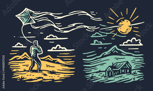 Colorful Doodle of Person Flying a Kite Under Bright Sunlight