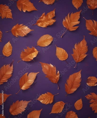 Dried, shimmering orange leaves artfully arranged on deep violet  Elegant fall motif , color, decor, elegant