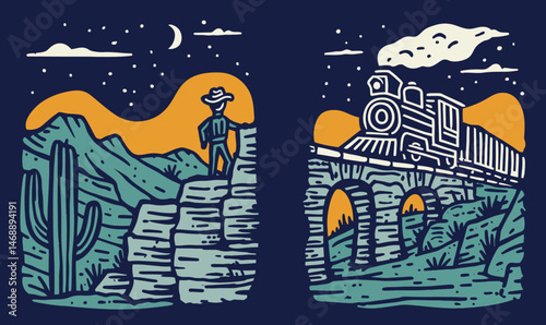 Hand-drawn Doodle of Cowboy with Train in Desert Landscape Art